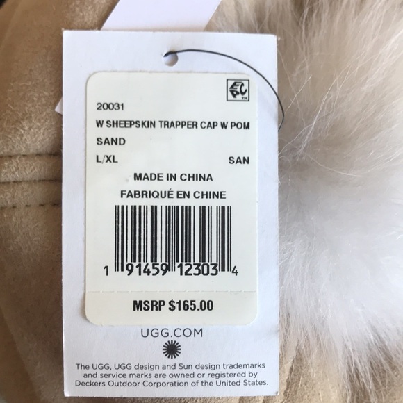Brand New UGG Genuine Fur Shearling Sheepskin Trapper Cap Hat w/ Pom in Sand - Picture 4 of 16